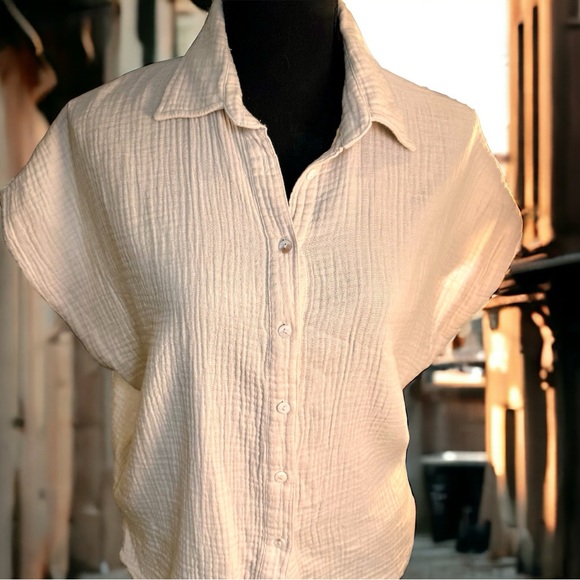Olivaceous Cream Button Down Textured Every Day Short Sleeve Shirt EUC Medium - Picture 4 of 9